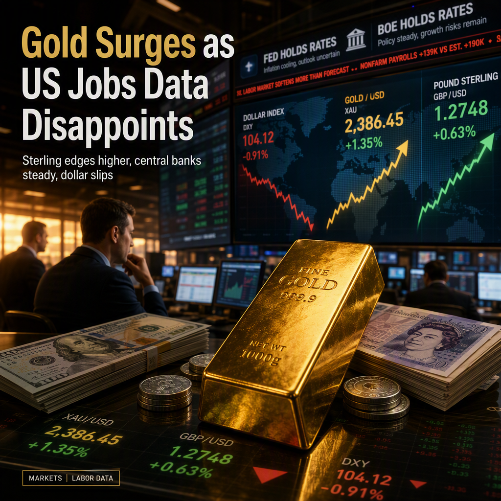 US Labor Data Miss Sparks Gold Rally and Sterling Gains Amid Central Bank Holds