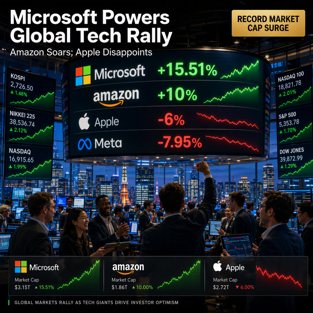Microsoft-Led Tech Rally Sparks Global Equity Surge; Amazon Soars, Apple Disappoints