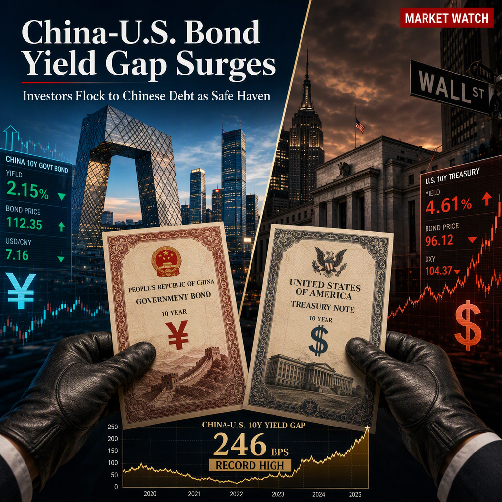 China-U.S. Government Bond Yield Gap Hits Record as Investors Flock to Chinese Debt