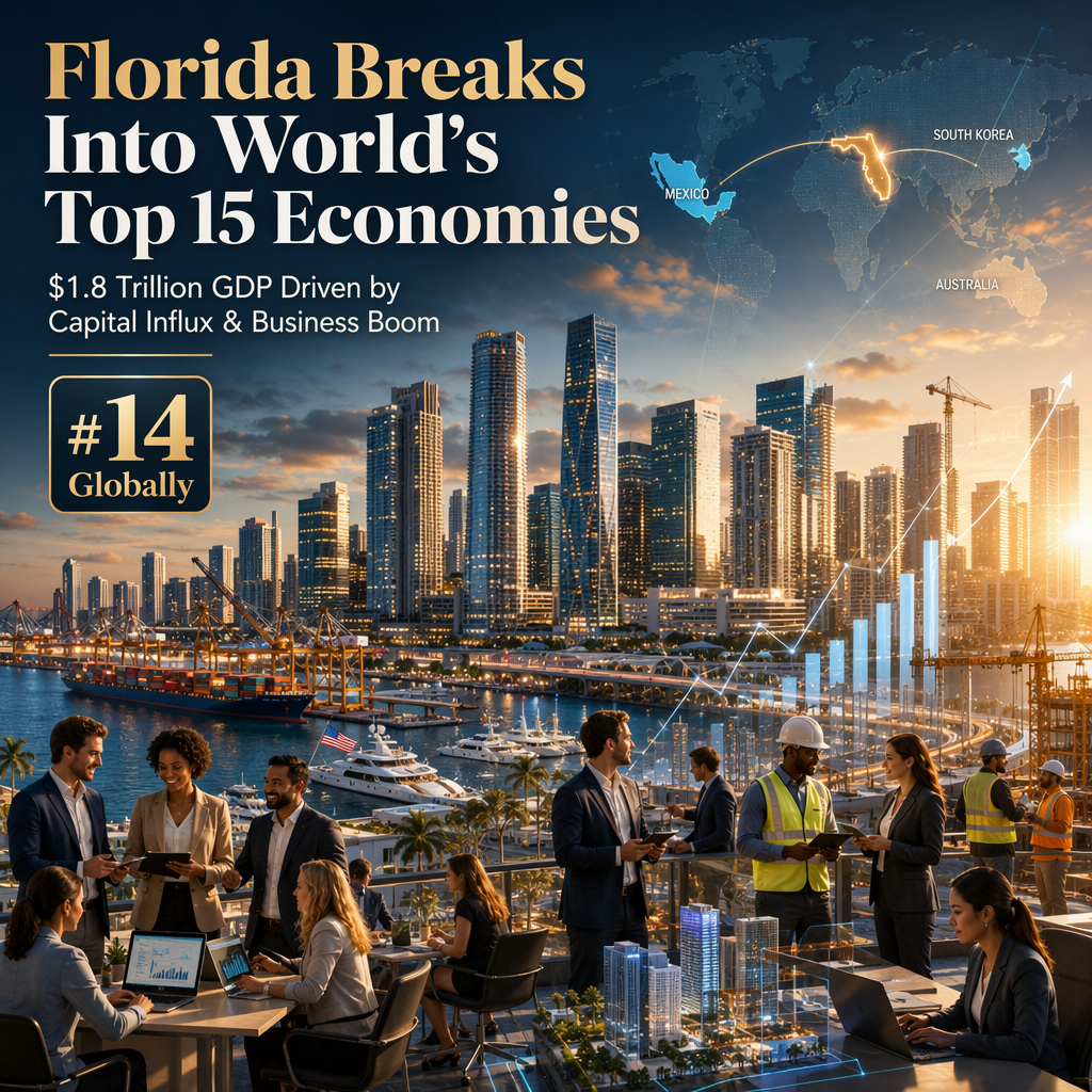 Florida Surges to 14th Largest Global Economy with $1.8 Trillion GDP, Driven by Influx of Capital and Business Growth