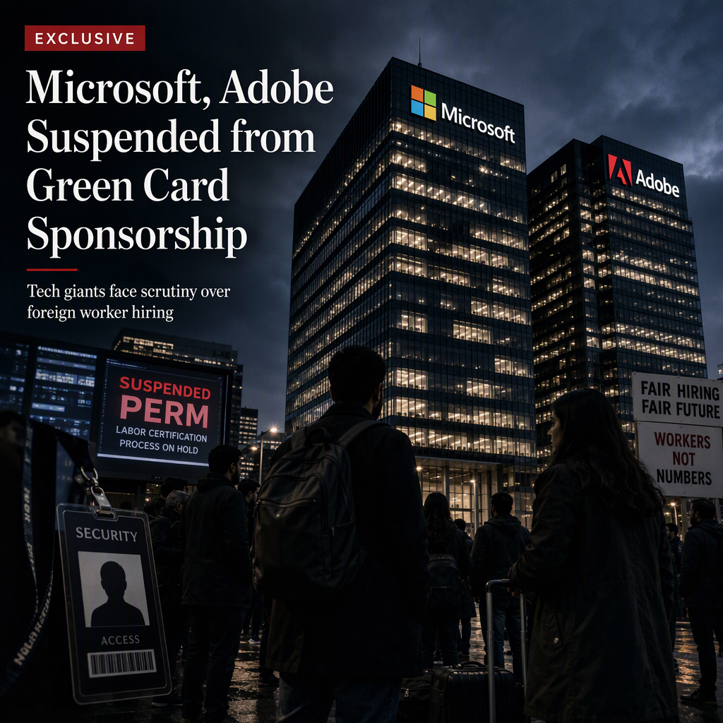Microsoft, Adobe, and Six IT Firms Suspended from Green Card Sponsorship Amid Foreign Worker Controversy