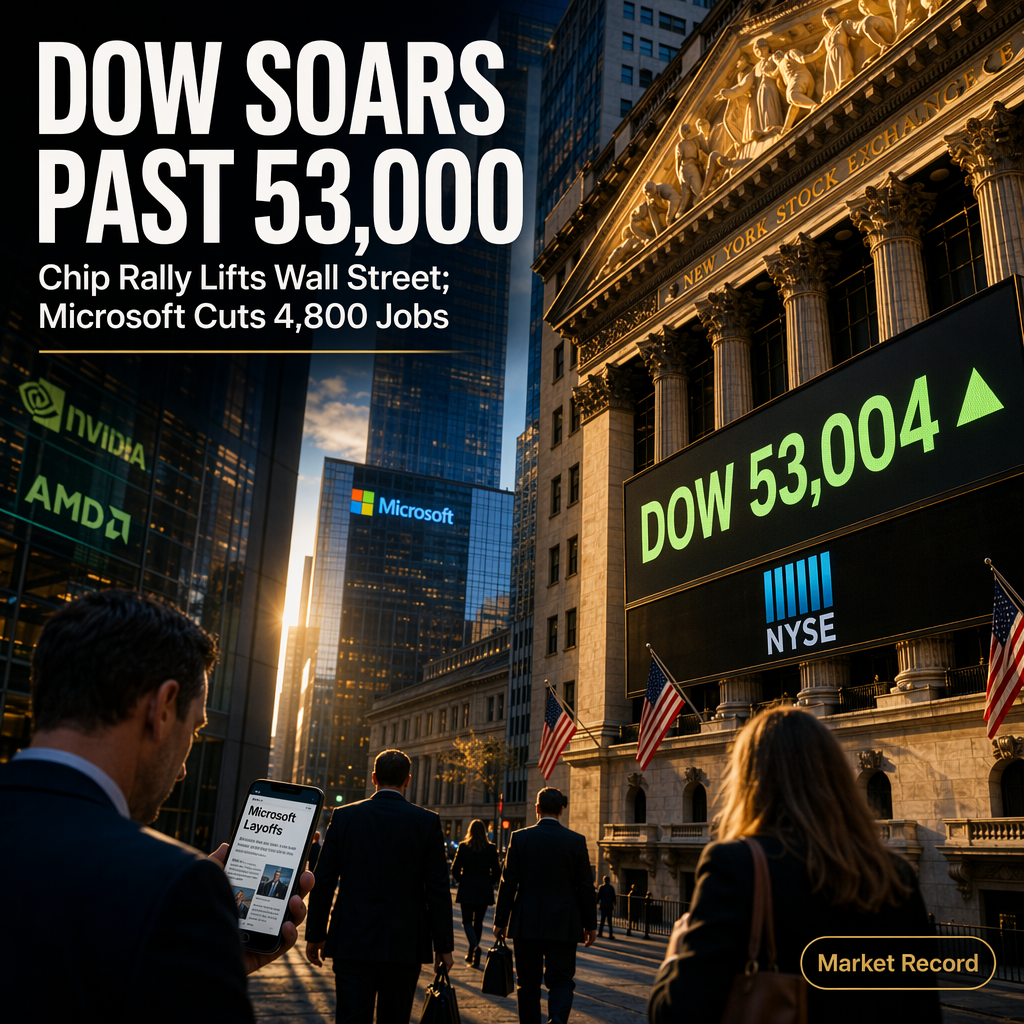 Dow Surges Past 53,000 as Chip Stocks Rebound; Microsoft Announces Major Layoffs