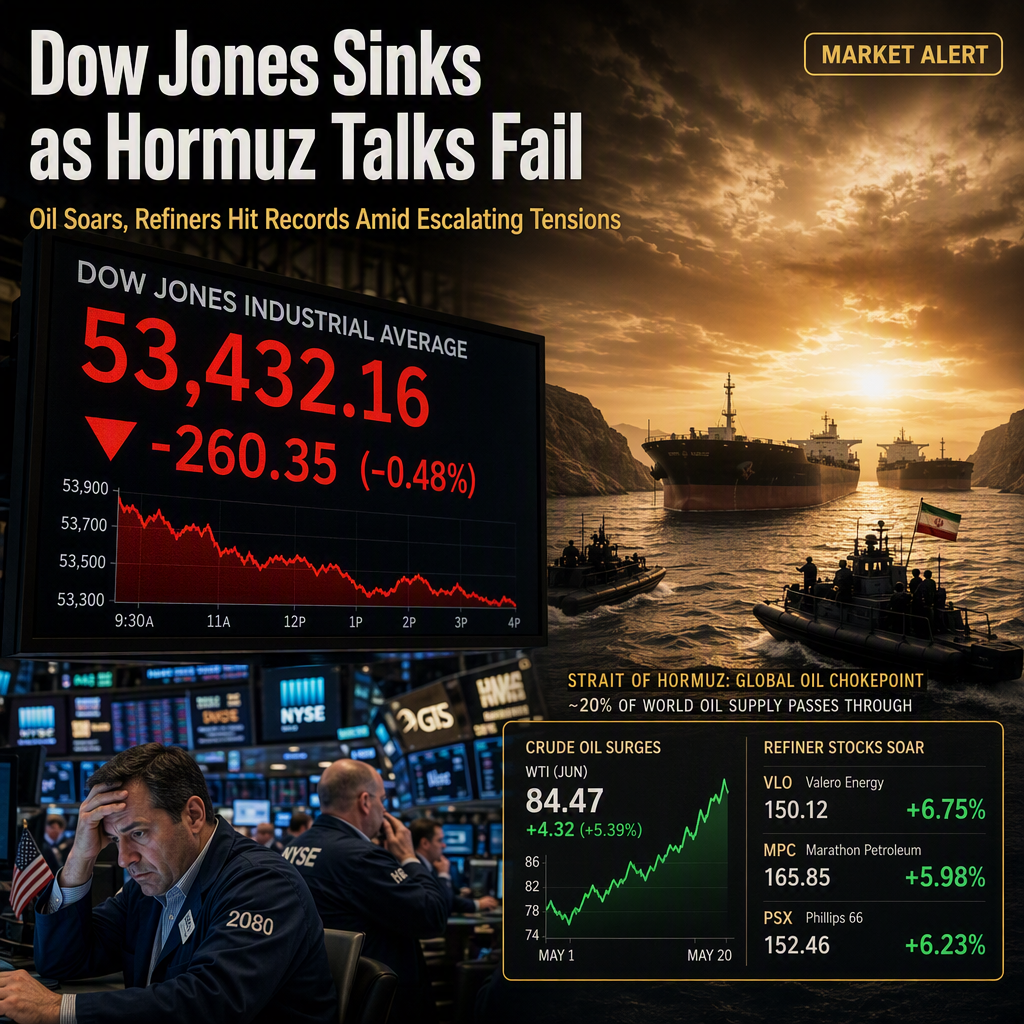 Dow Jones Falls as Strait of Hormuz Negotiations Fail, Oil and Refiners Surge