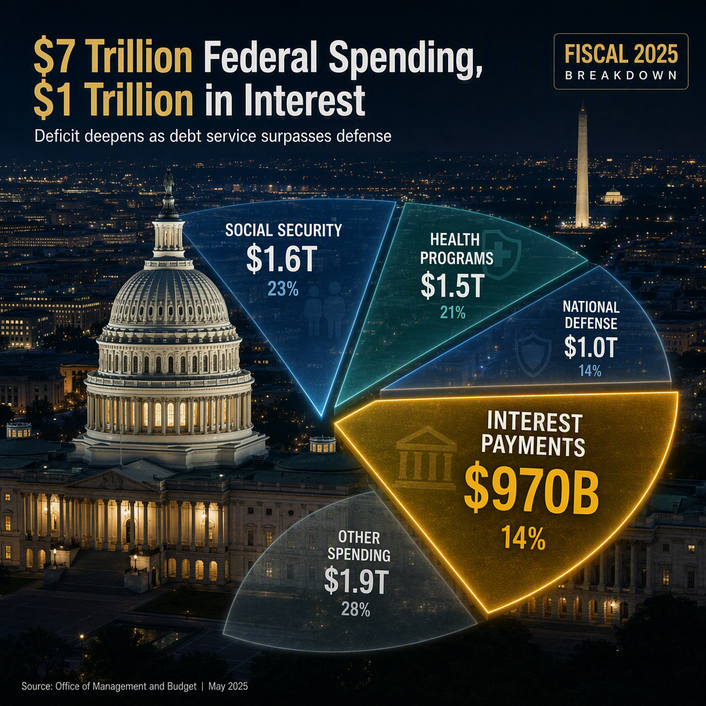U.S. Federal Spending Hits $7 Trillion in 2025, With $970 Billion Paid in Interest Alone