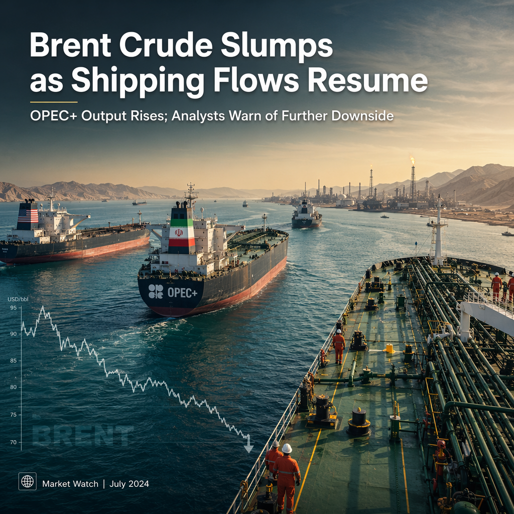 Brent Crude Oil Slides as OPEC+ Eases Cuts and Hormuz Shipping Resumes; Analysts Warn of Further Downside