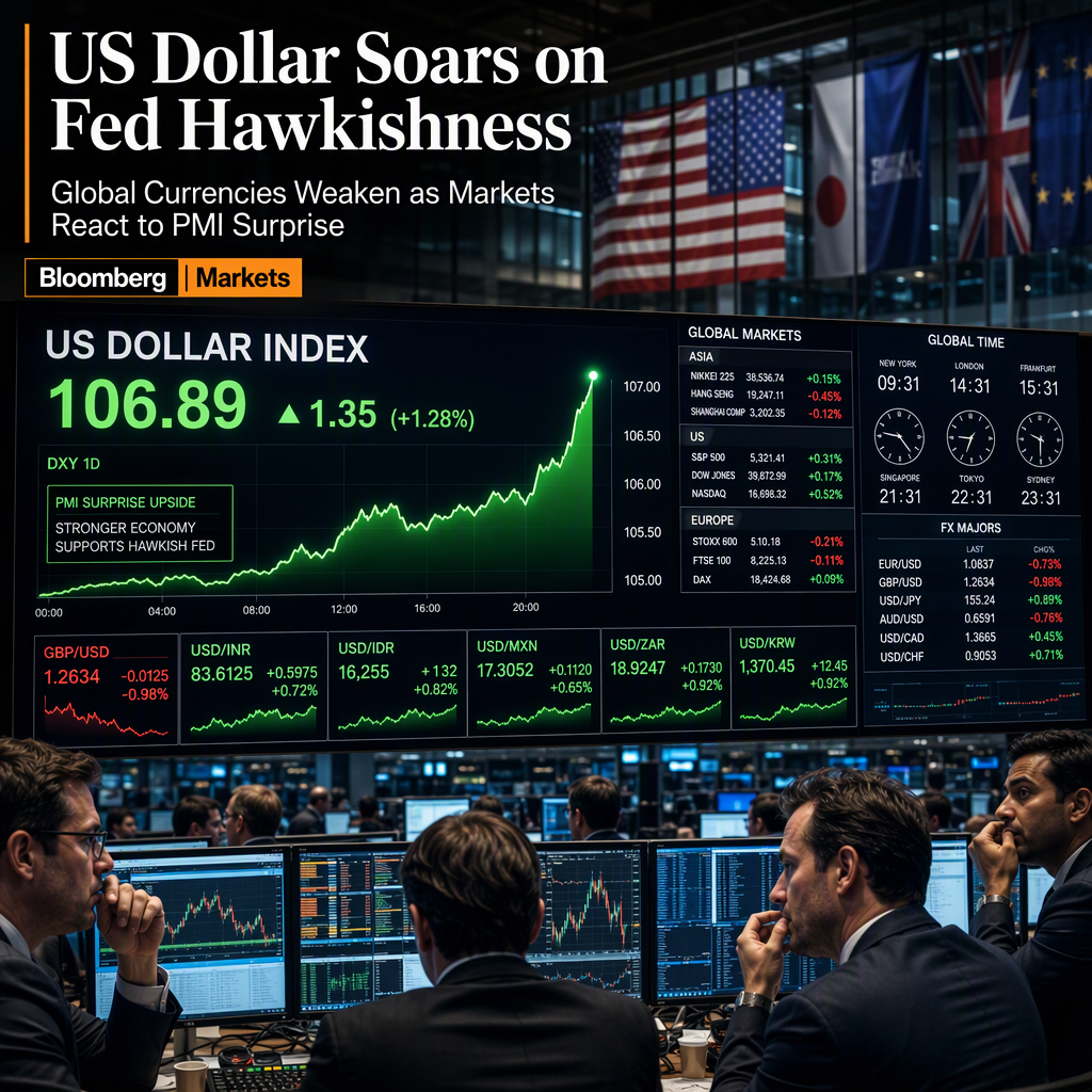 US Dollar Surges as Strong PMI Data and Hawkish Fed Weigh on Global Currencies and Markets