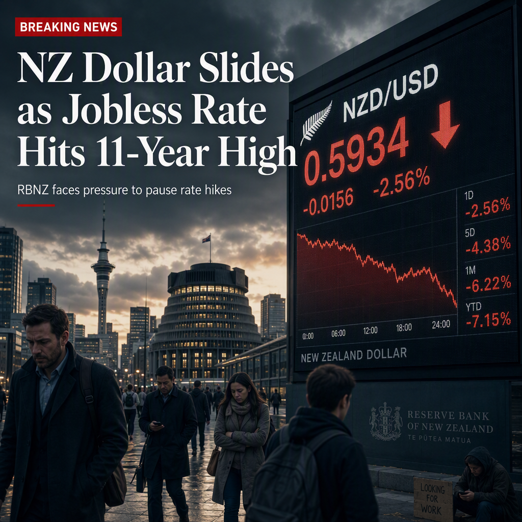 New Zealand Dollar Falls as Unemployment Rate Surges to 11-Year High, Limiting RBNZ Rate Hike Prospects