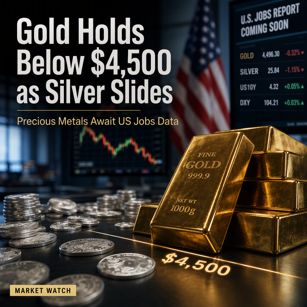 Gold Holds Below $4,500 as Silver Slides; Precious Metals Await US Jobs Data