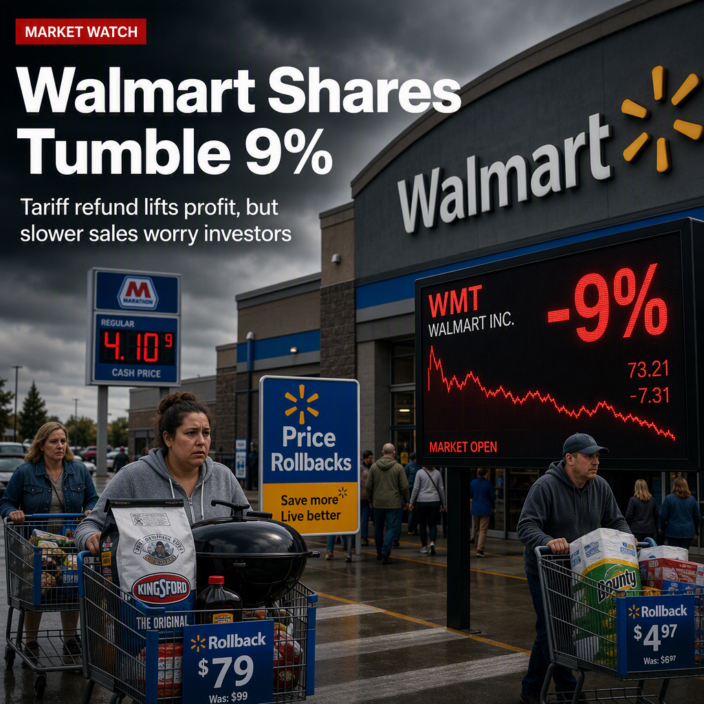 Walmart Shares Plunge 9% as Slower Sales Growth Overshadows $3 Billion Tariff Refund Windfall