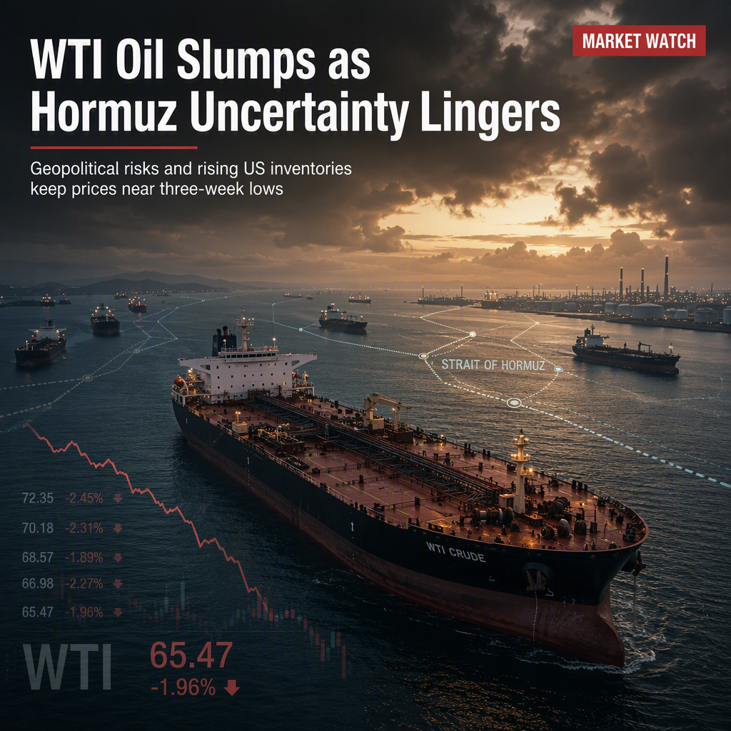 WTI Crude Oil Trades Near Three-Week Low Amid Hormuz Shipping Uncertainty and Rising US Inventories