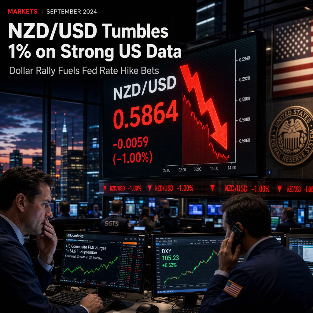 NZD/USD Drops 1% as Robust US PMI Data Fuels Dollar Rally and Rate Hike Expectations