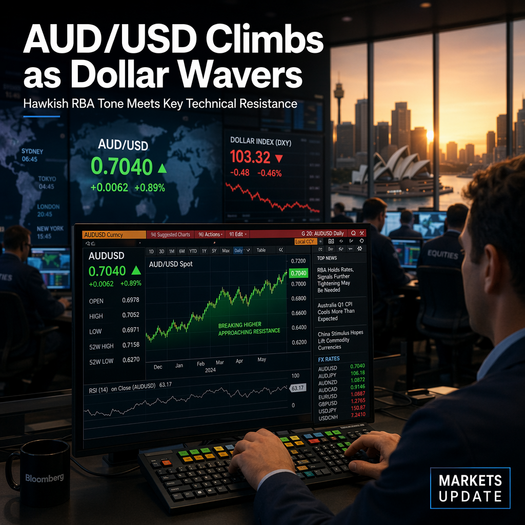 AUD/USD Rises Amid Weaker US Dollar and RBA Hawkish Signals, Eyes Resistance at 0.7050