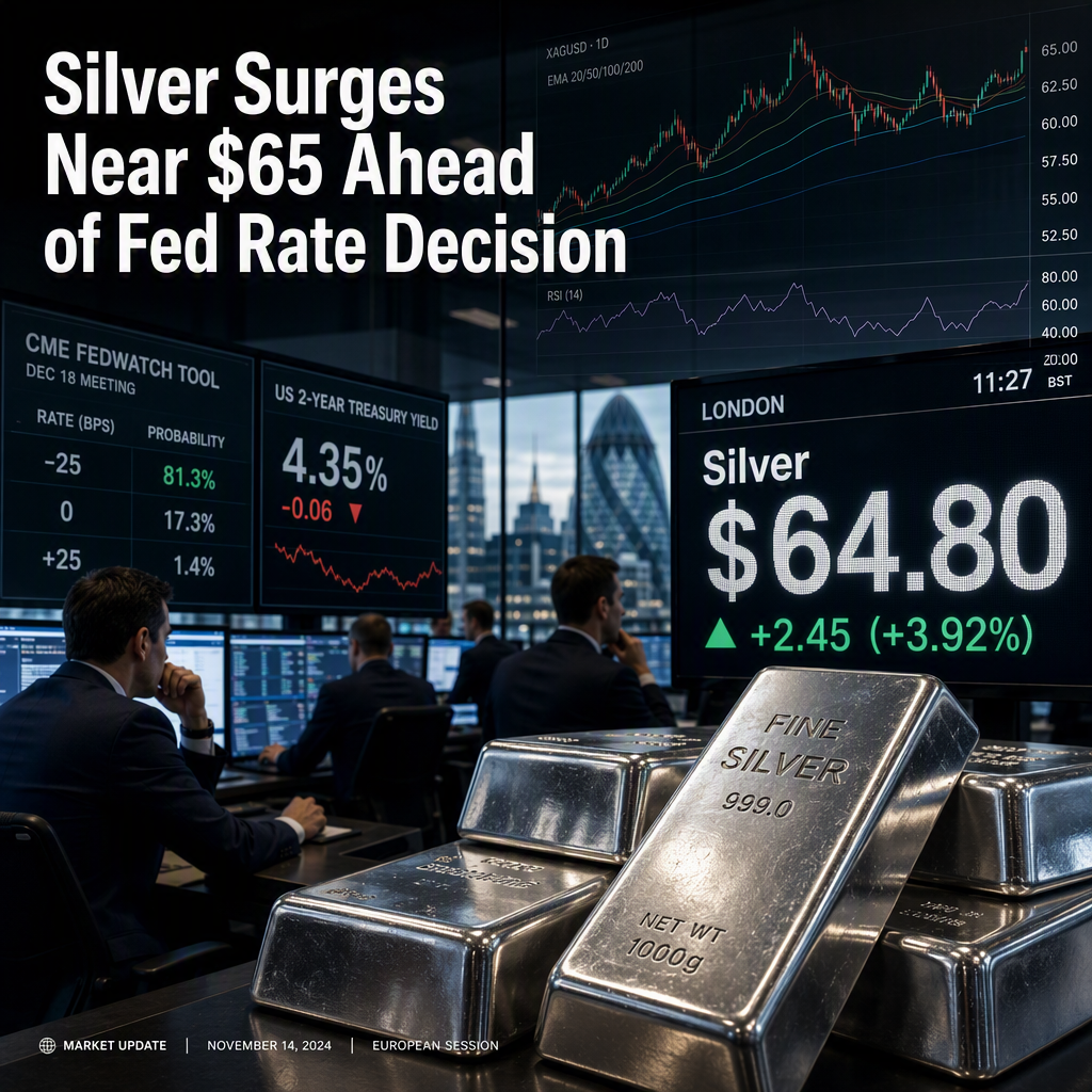 Silver Surges to Near $65 as Markets Await Fed Interest Rate Decision