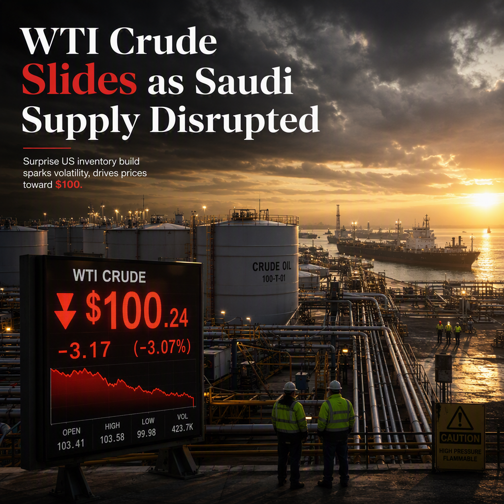 WTI Crude Drops Toward $100 After Surprise US Inventory Build Amid Saudi Supply Disruption