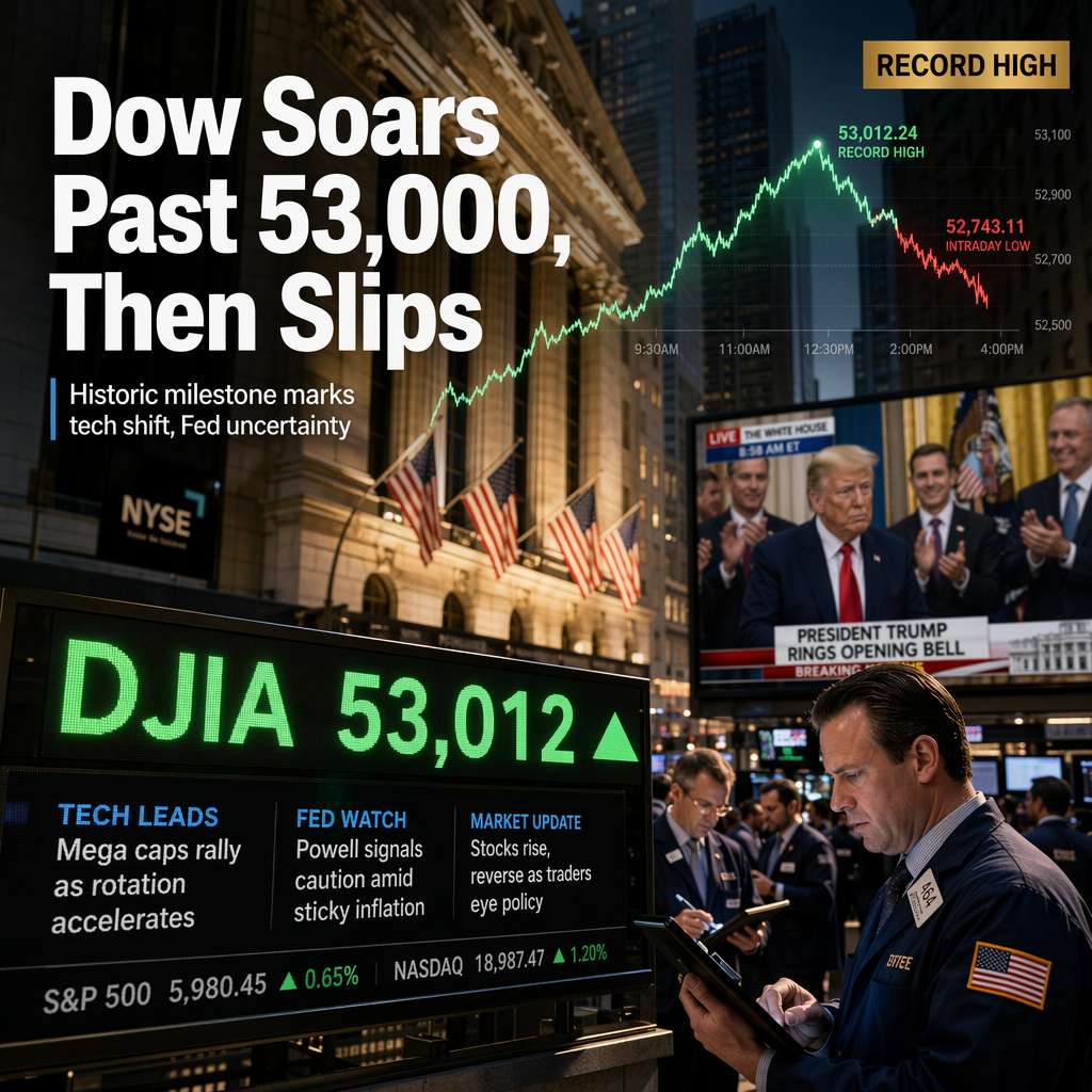 Dow Jones Hits Record High Above 53,000 Amid Tech Rotation and Fed Uncertainty