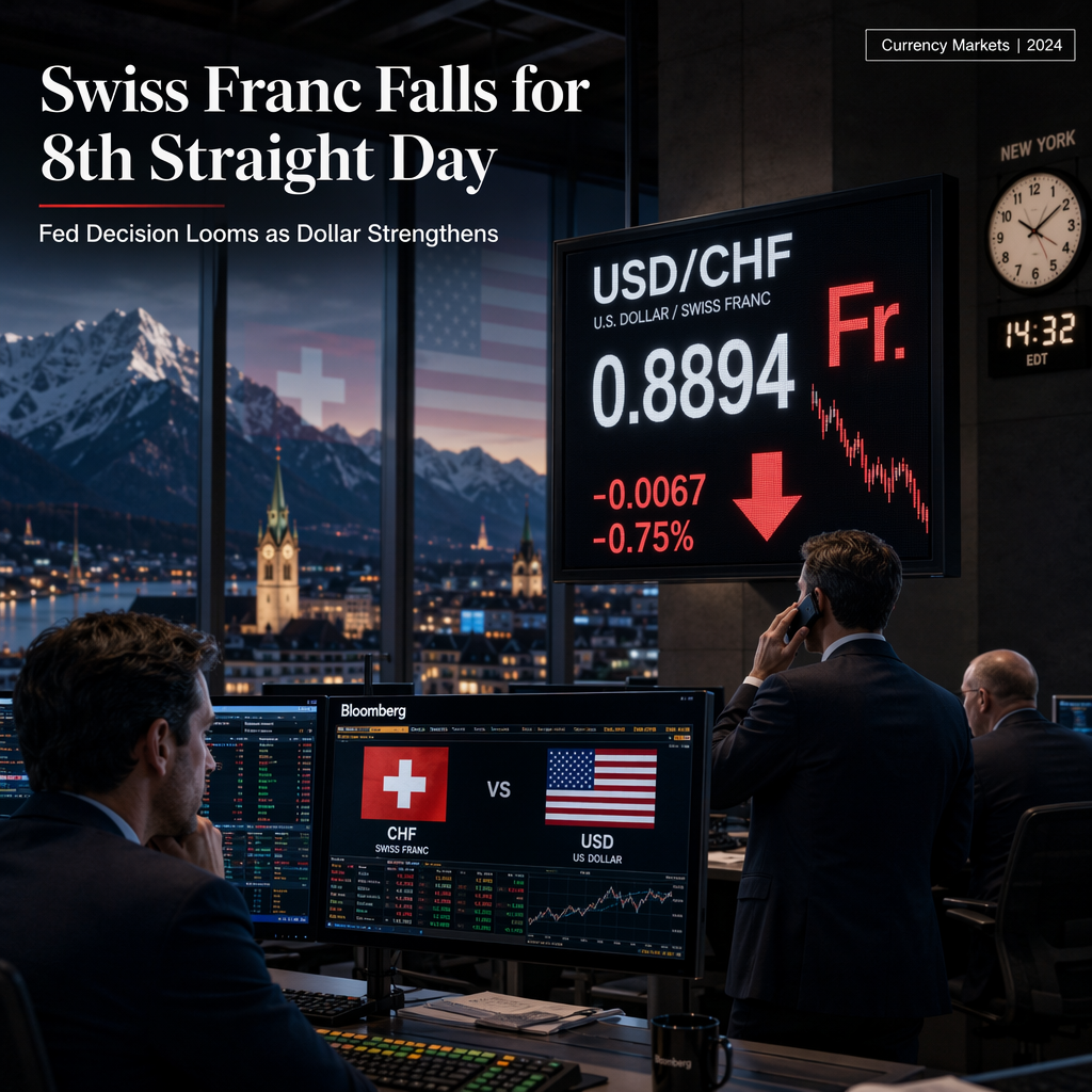 Swiss Franc Slides for Eighth Day Against US Dollar as Fed Decision Approaches