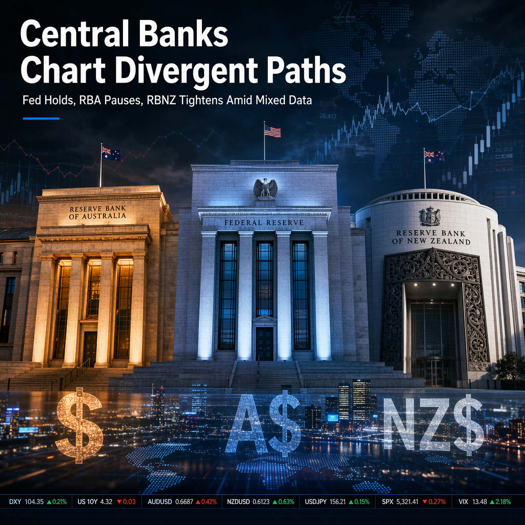 Central Banks Signal Divergent Paths: Fed Holds, RBA Pauses, RBNZ Tightens Amid Mixed Economic Data