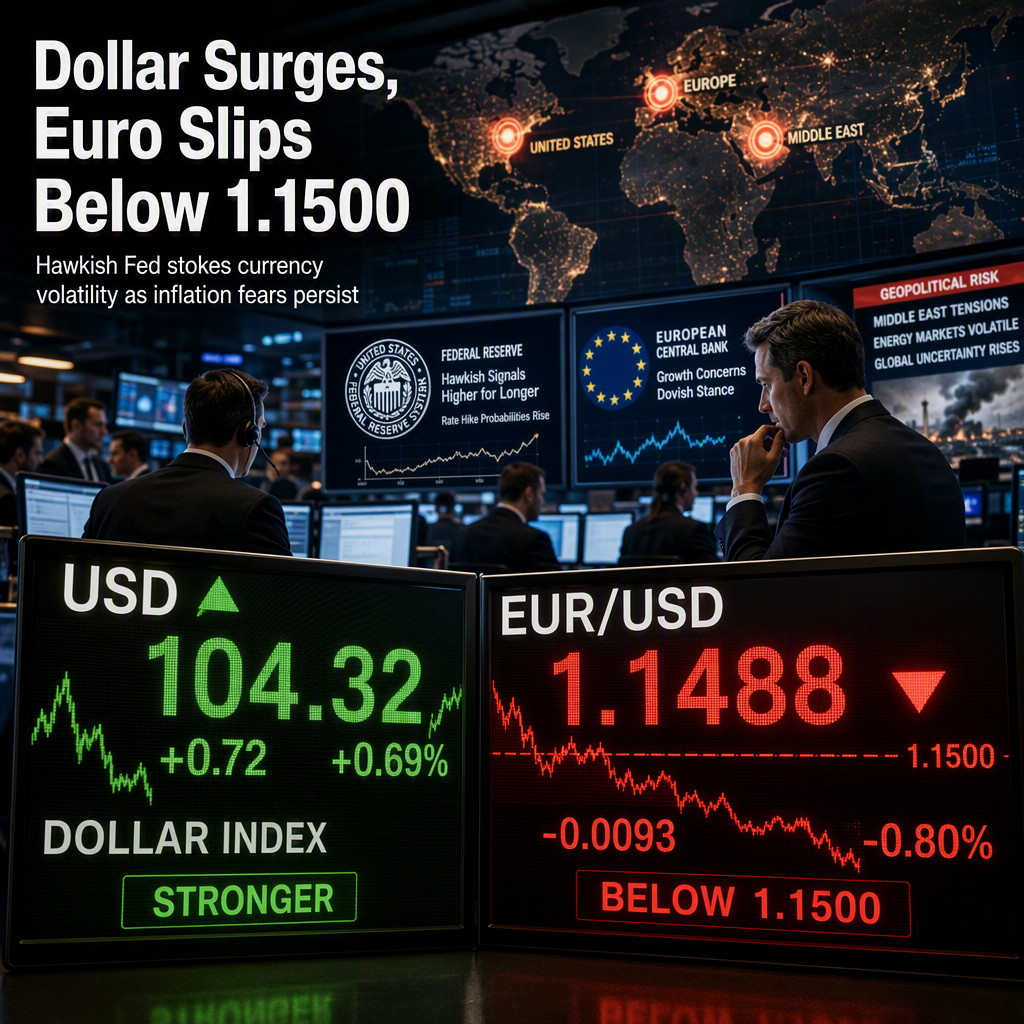 Euro Falls Below 1.1500 as US Dollar Strengthens Amid Hawkish Fed Signals