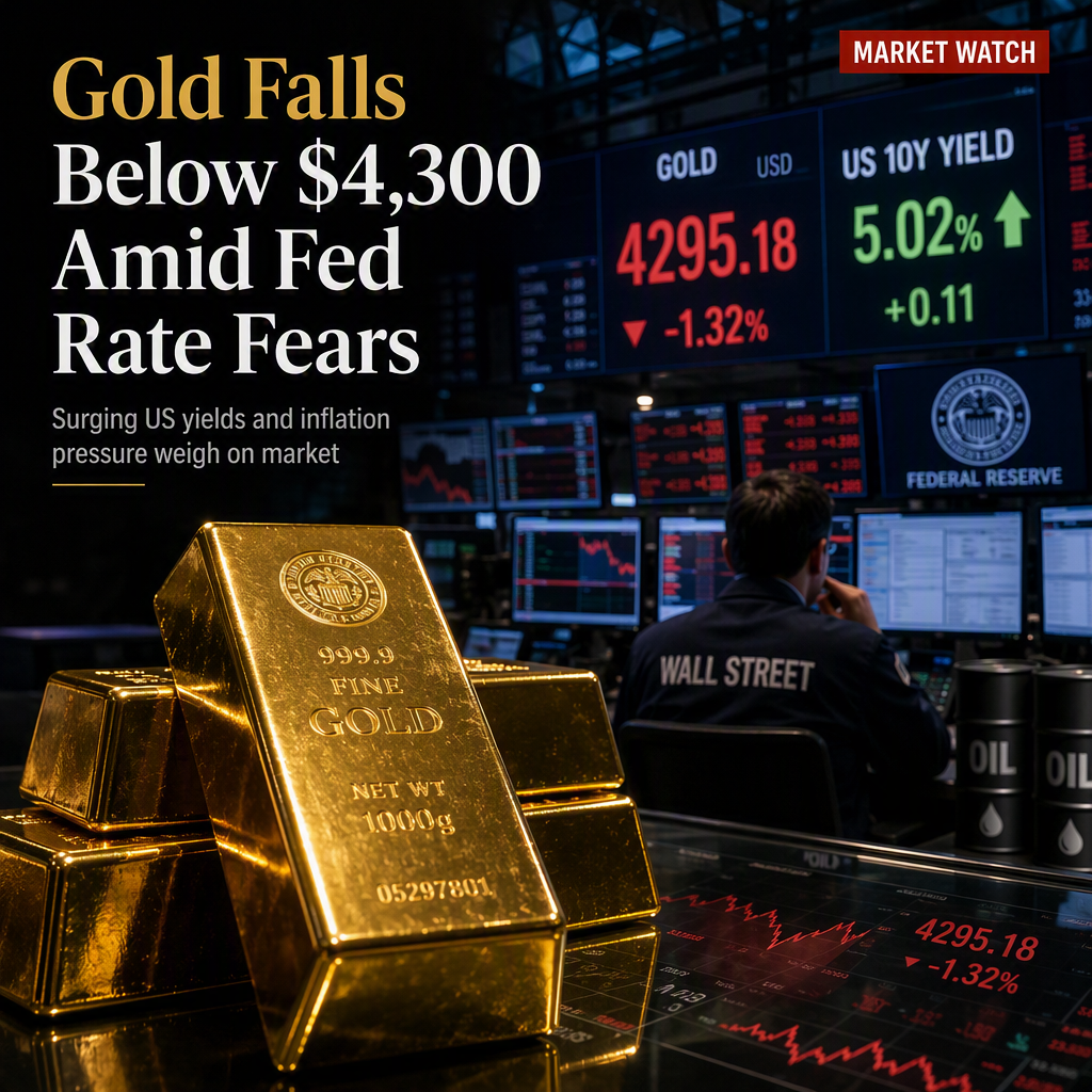 Gold Slips Below $4,300 as Surging US Yields Fuel Fed Rate Hike Expectations