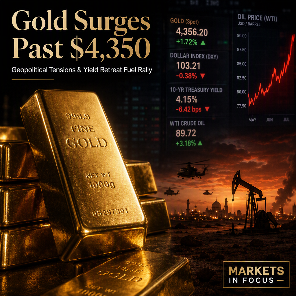Gold Surges Above $4,350 as US Dollar and Treasury Yields Retreat Amid Middle East Tensions