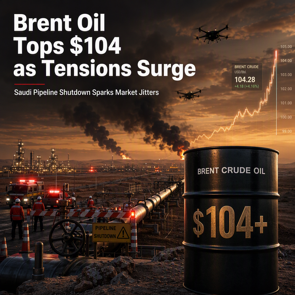 Brent Oil Surges Above $104 Amid Saudi Pipeline Shutdown and Rising Middle East Tensions