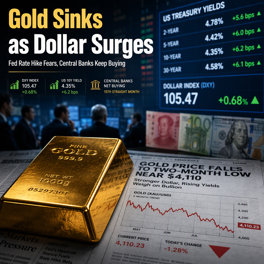 Gold Drops to Two-Month Low Near $4,110 Amid Stronger US Dollar and Fed Rate Hike Expectations