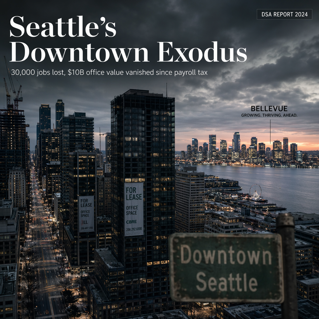 Seattle Loses 30,000 Downtown Jobs and $10 Billion in Office Value Since 2020 Payroll Tax, DSA Report Finds