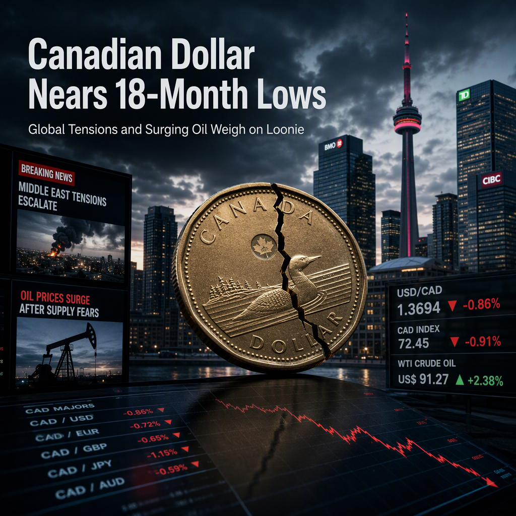 Canadian Dollar Slides Toward 18-Month Lows Amid Risk Aversion and Rising Oil Prices