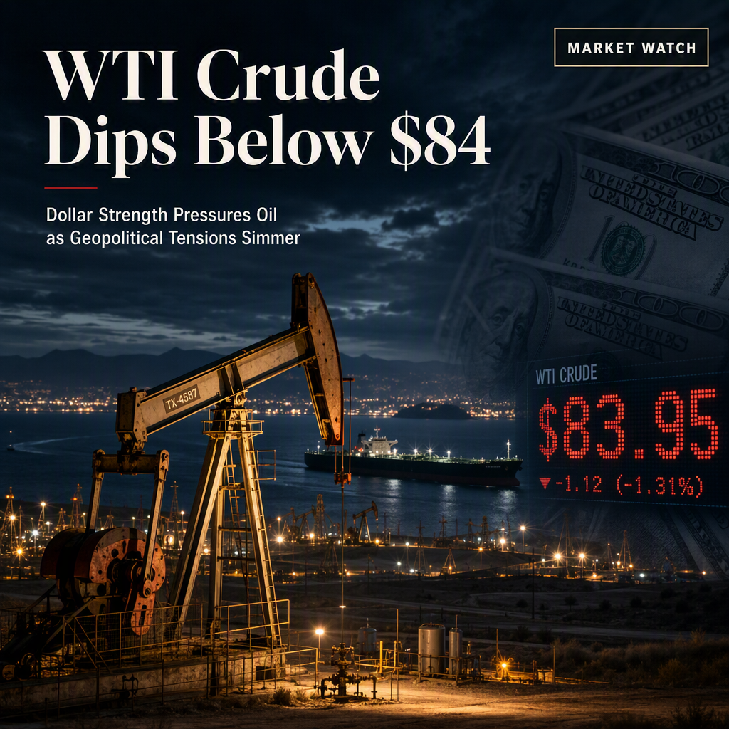 WTI Crude Falls Below $84 as Stronger Dollar Weighs, Geopolitical Tensions Provide Support