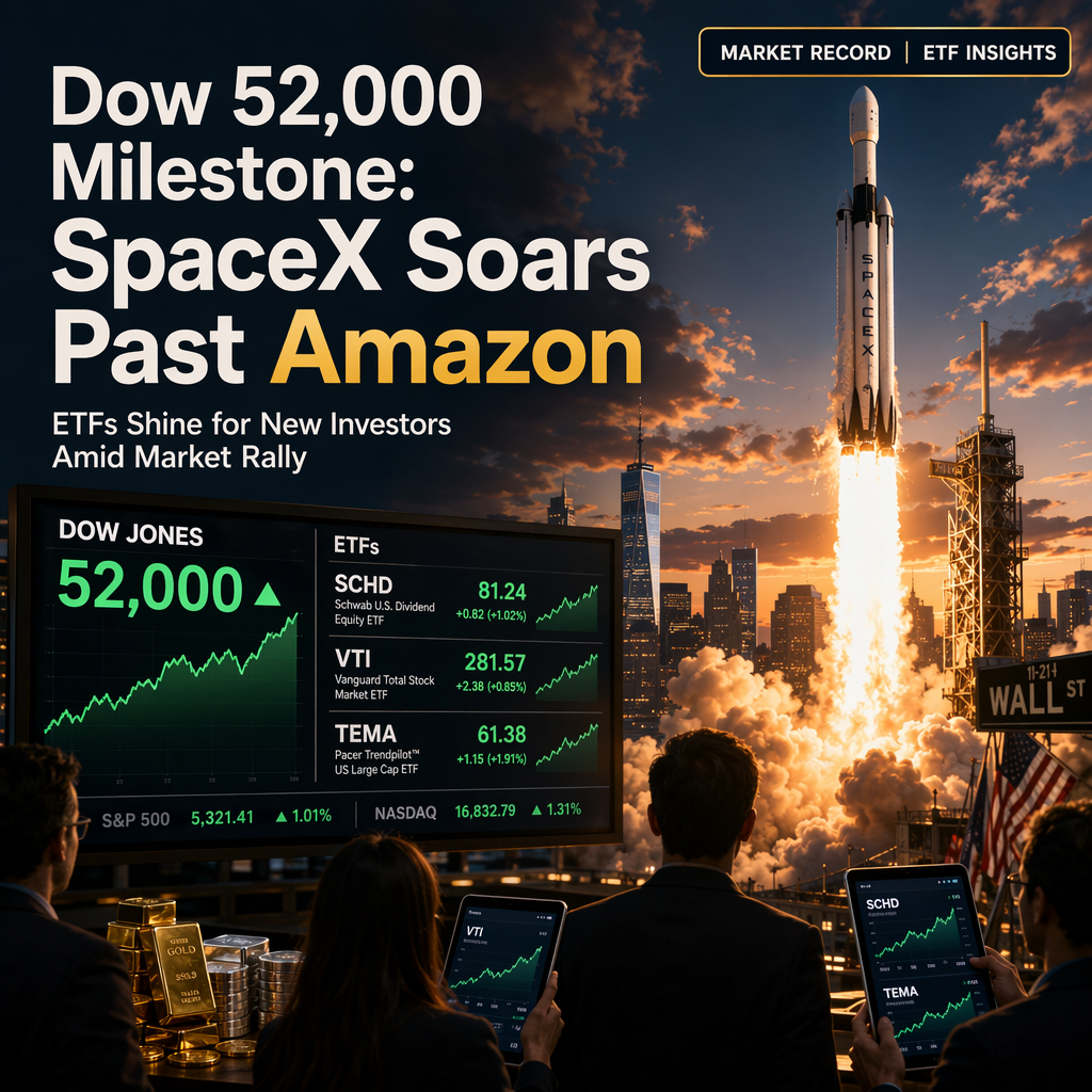 Dow Jones Hits 52,000 as SpaceX Surpasses Amazon in Market Cap; Spotlight on ETFs for New Investors