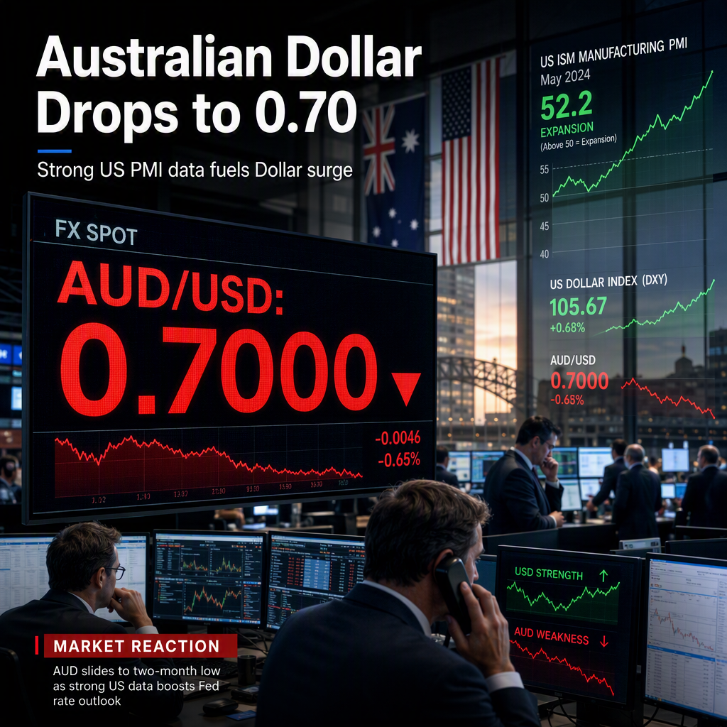 Australian Dollar Falls to 0.70 as Strong US ISM PMI Boosts US Dollar