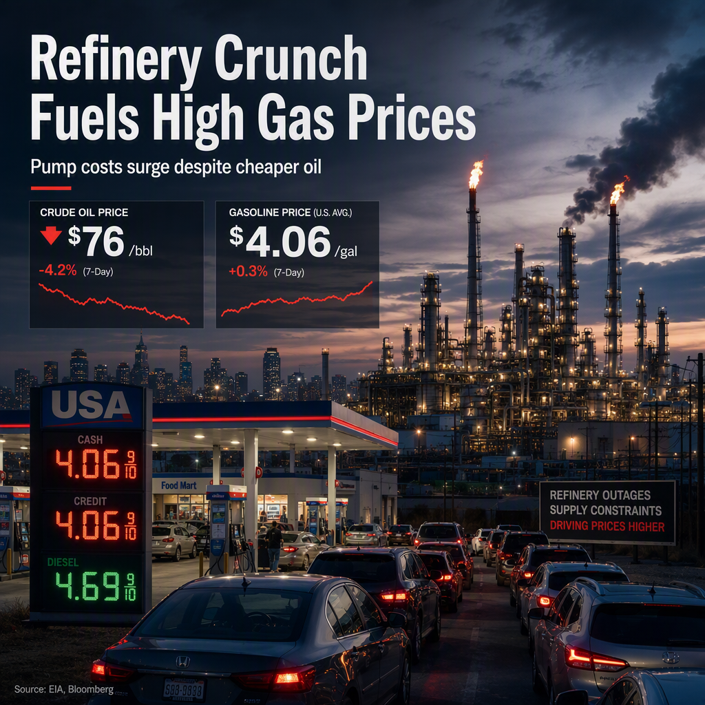 Global Refinery Shortfall Drives Gasoline Prices Higher Despite Falling Crude Oil