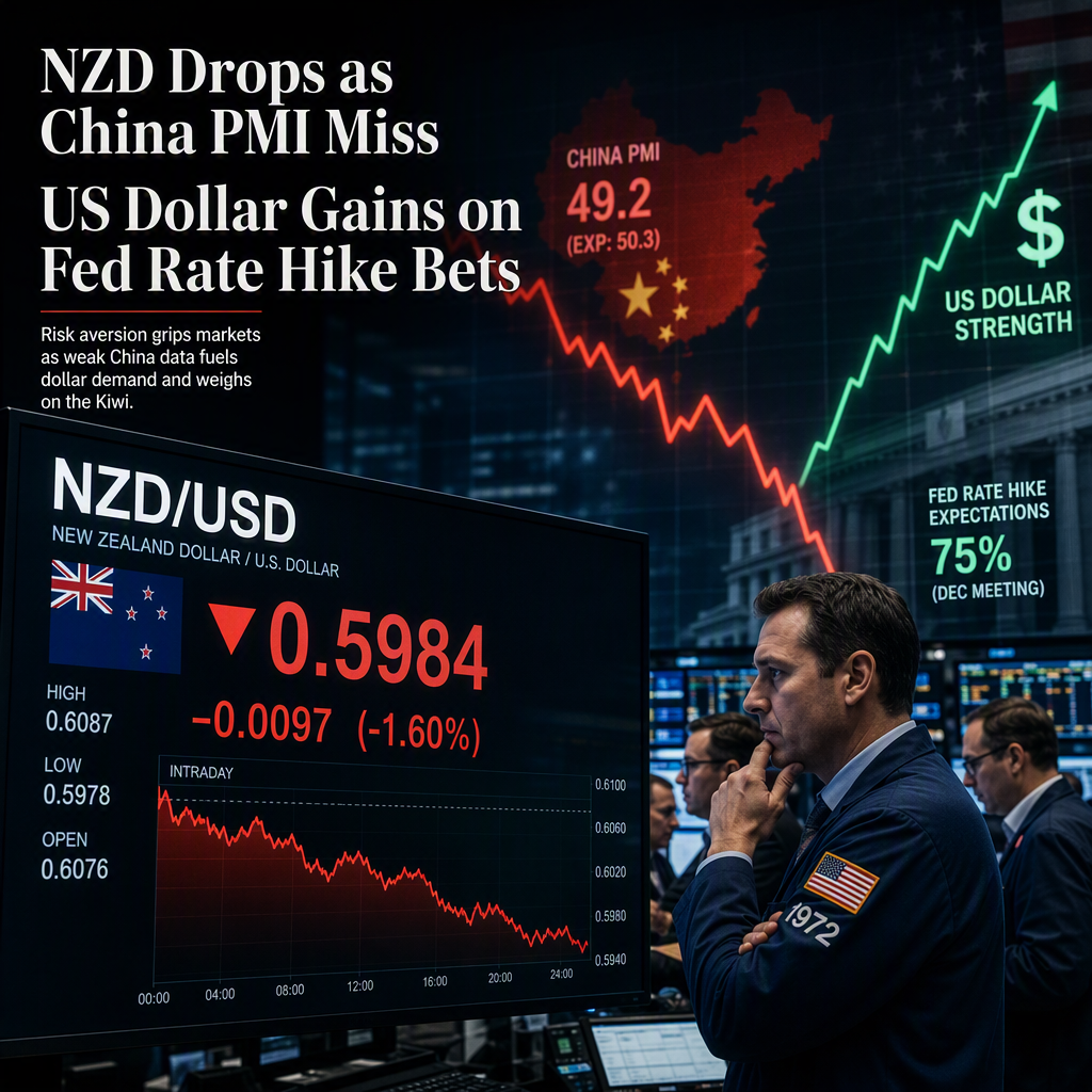 NZD Falls as China PMI Miss Sparks Risk Aversion, US Dollar Strengthens on Fed Rate Hike Bets