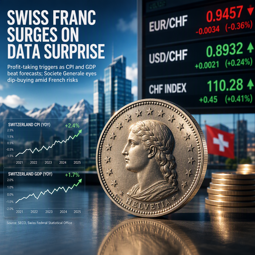 Swiss Franc Strengthens as Swiss CPI and GDP Surprise to Upside, Societe Generale Sees Dip-Buying Opportunity