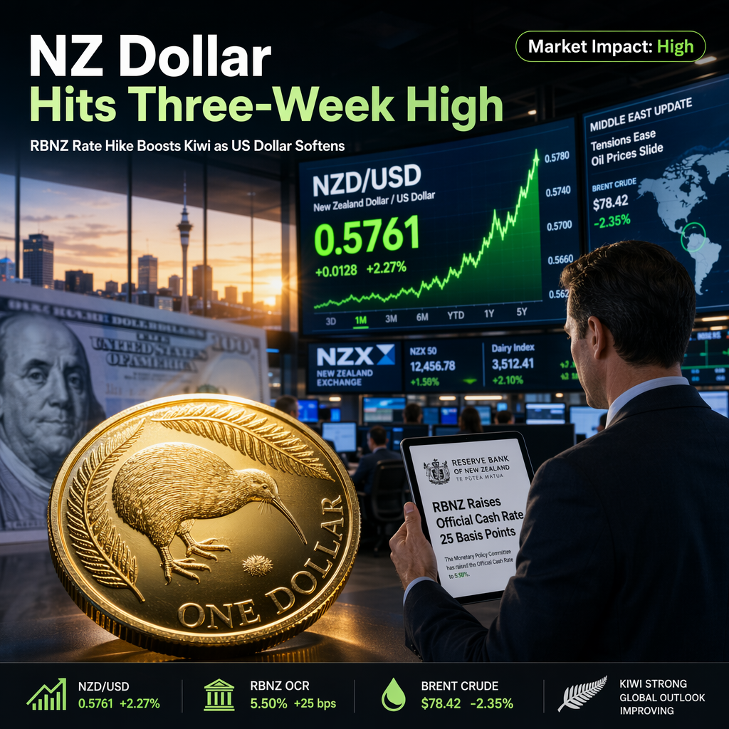 New Zealand Dollar Surges to Three-Week High After RBNZ Rate Hike as US Dollar Softens Amid Easing Middle East Tensions
