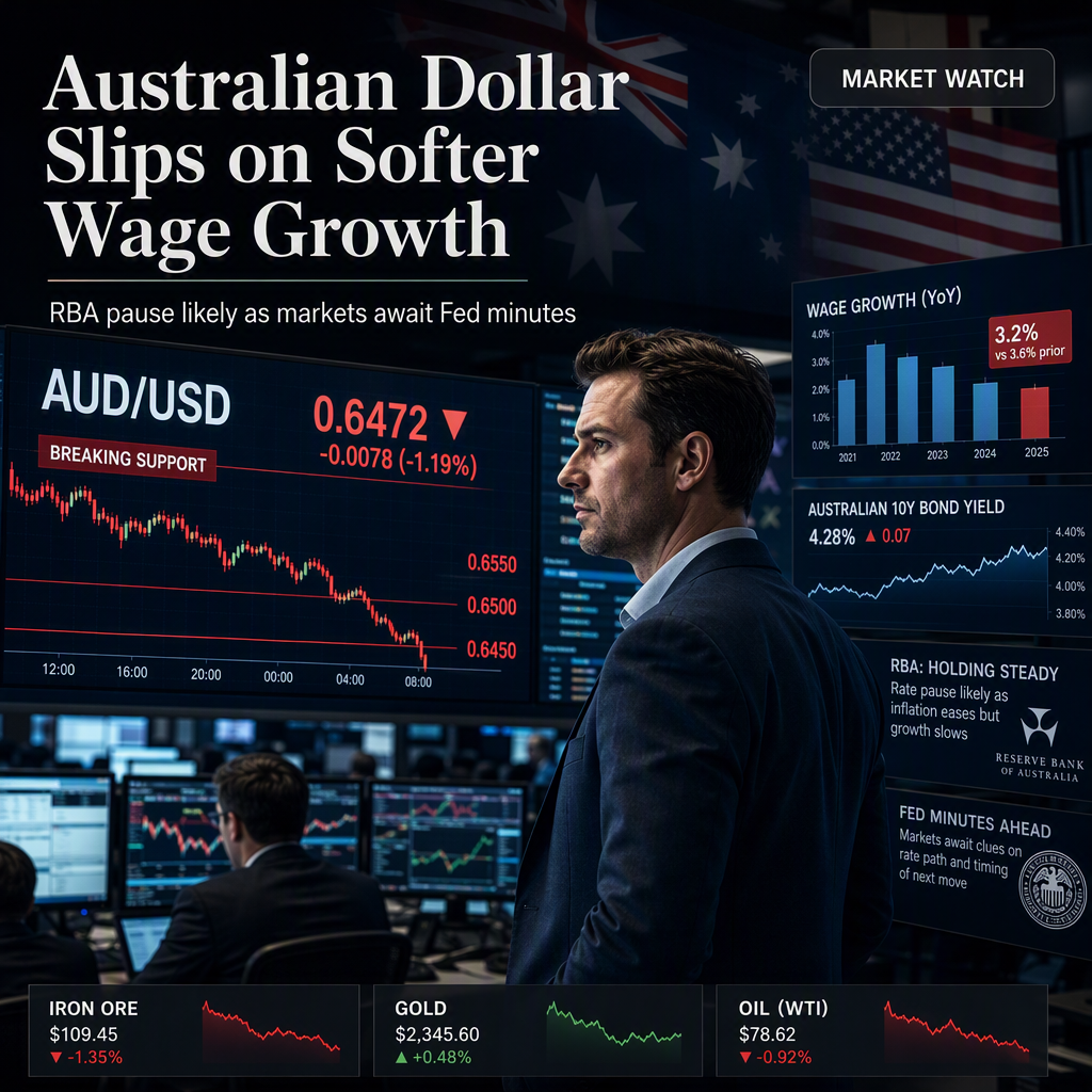 Australian Dollar Slips as Softer Wage Growth Signals Extended RBA Pause Amid Fed Minutes Anticipation