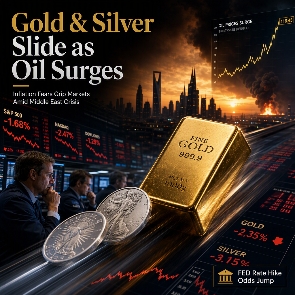 Gold and Silver Prices Slide as Middle East Tensions and Rising Oil Fuel Inflation Fears, Pressuring US Markets