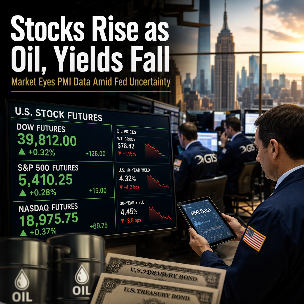 US Stock Futures Edge Higher as Oil and Yields Fall, Investors Eye PMI Data