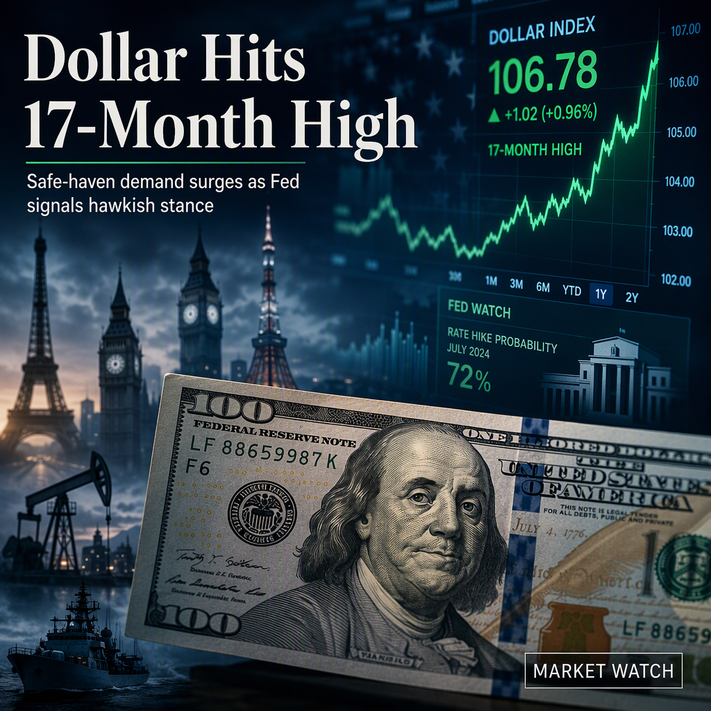 US Dollar Surges to 17-Month High Amid Geopolitical Tensions and Hawkish Fed Comments