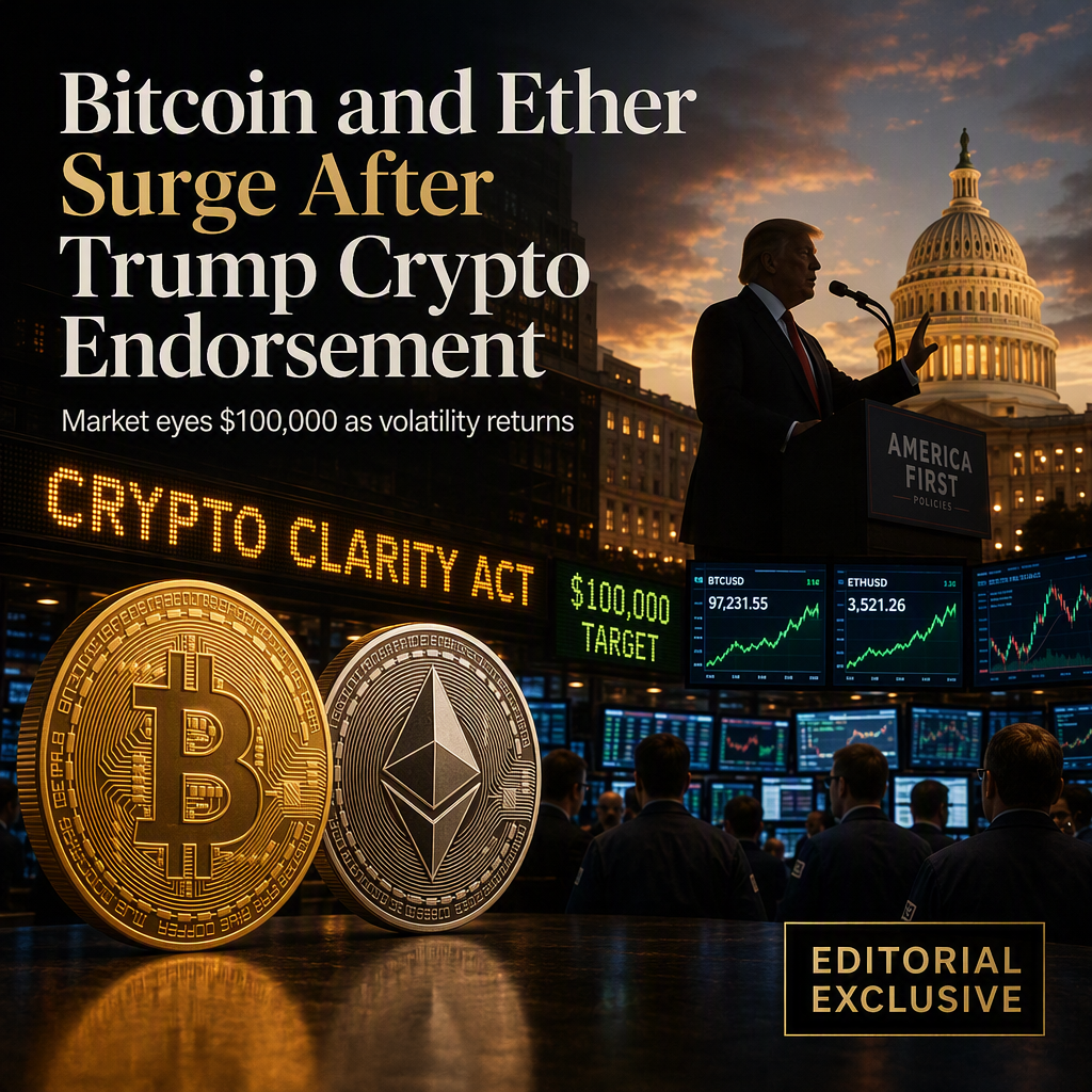 Bitcoin and Ether Surge as Trump Backs Crypto Clarity Act, Market Eyes $100,000 Target
