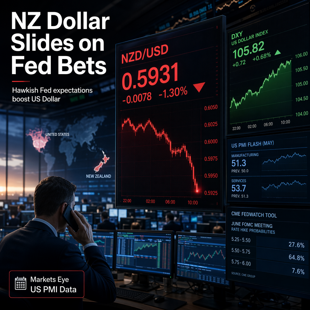 New Zealand Dollar Drops as Hawkish Fed Bets Boost US Dollar; Markets Await US PMI Data