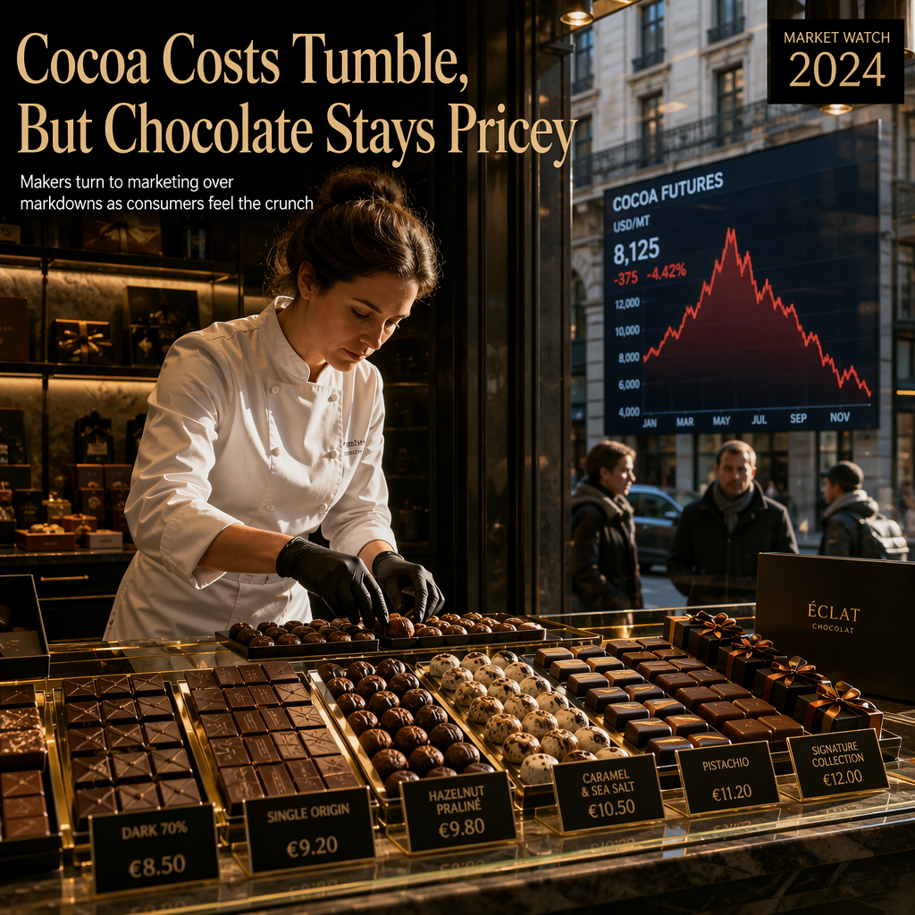 Cocoa Prices Fall Sharply After Record Highs, But Chocolate Remains Costly as Makers Shift Strategies