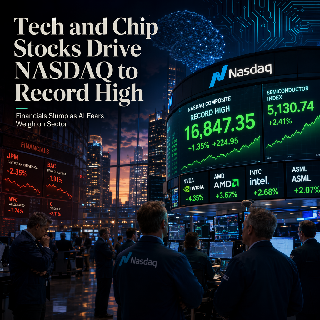 Tech and Semiconductor Stocks Propel NASDAQ to Record High Amid Financials Slump