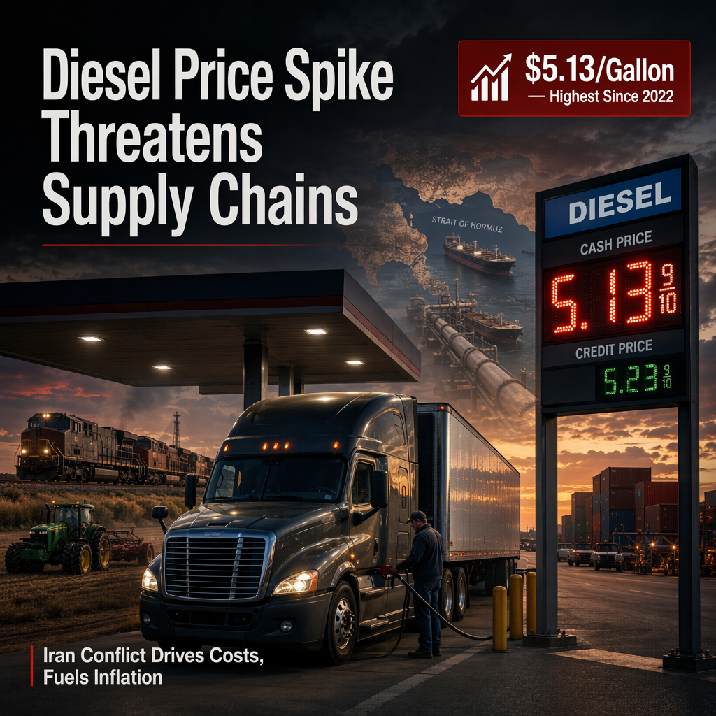 Diesel Prices Surge to $5.13 Amid Iran Conflict, Threatening U.S. Supply Chain Costs