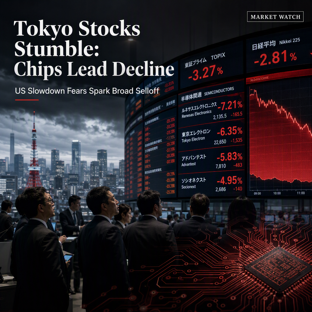 Tokyo Stocks Fall as Semiconductor Shares Lead Declines Amid US Slowdown Concerns