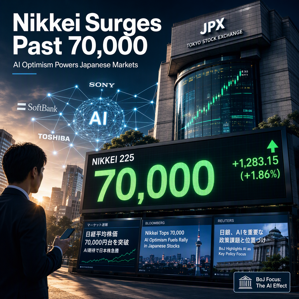 Nikkei Surges Past 70,000 as AI Optimism Lifts Japanese Markets; BoJ Flags AI as Key Policy Focus