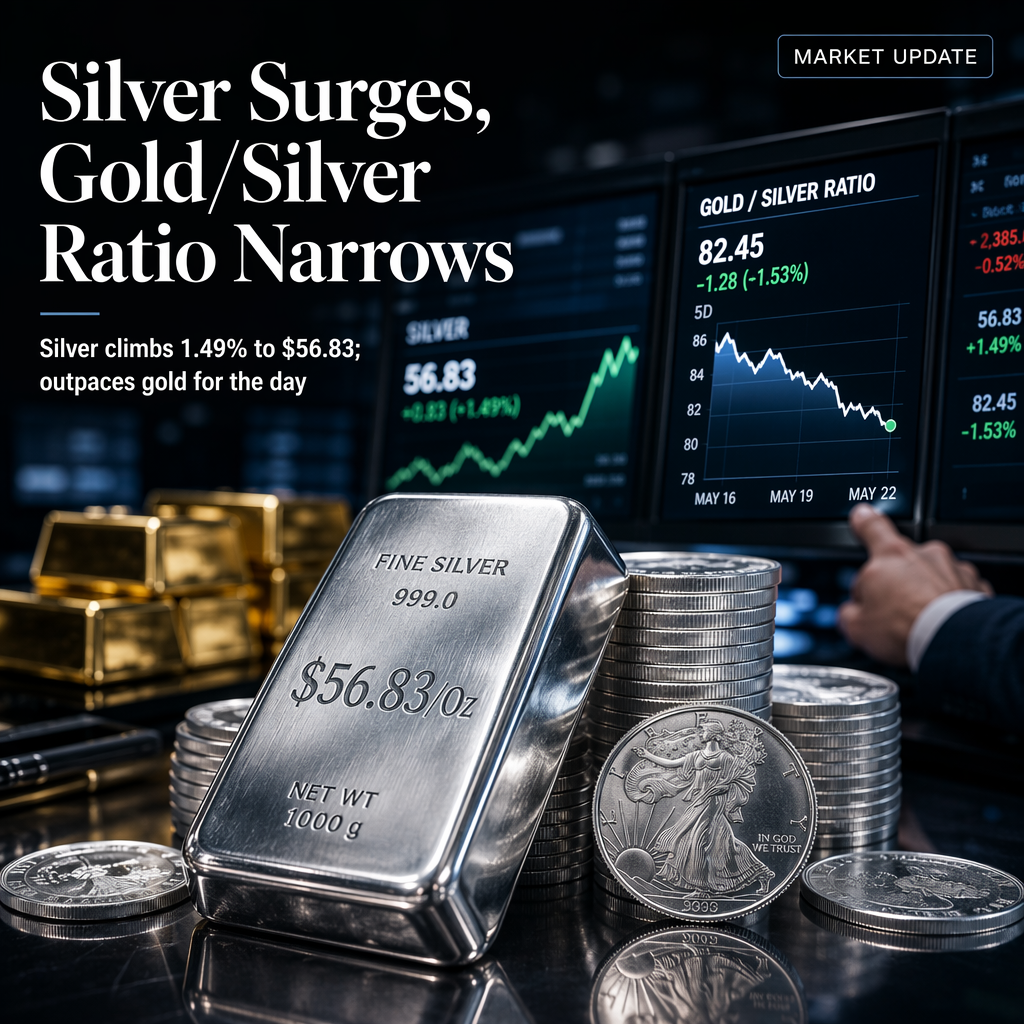 Silver Prices Climb 1.49% to $56.83 per Ounce, Gold/Silver Ratio Narrows