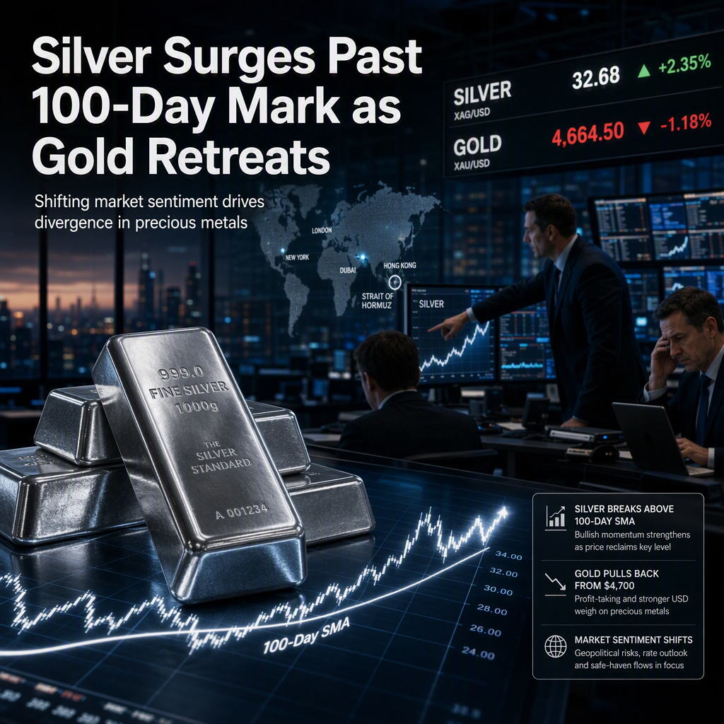 Silver Reclaims 100-Day SMA as Gold Retreats from $4,700 Amid Shifting Market Sentiment