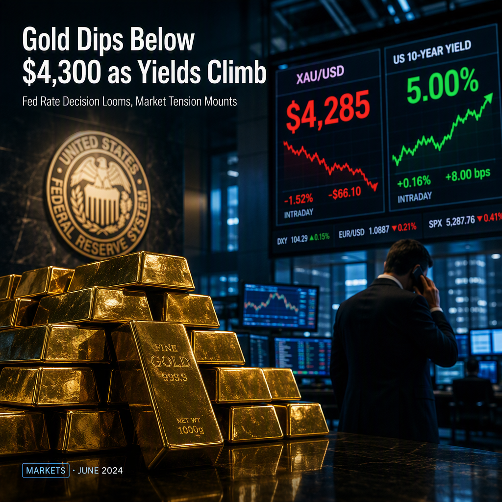 Gold Falls Below $4,300 as US Yields Surge Ahead of Fed Rate Decision