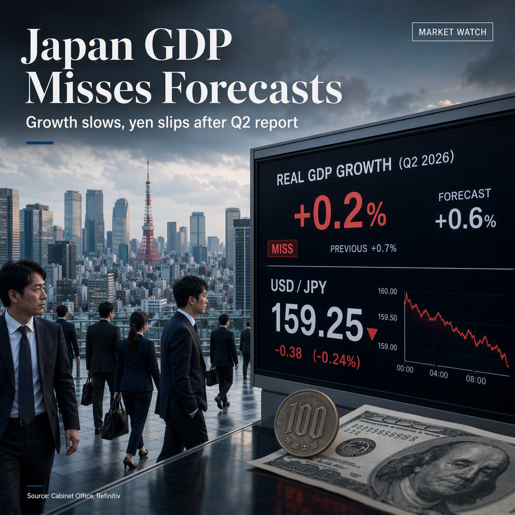 Japan's Q2 2026 GDP Growth Falls Short of Expectations, USD/JPY Slightly Lower